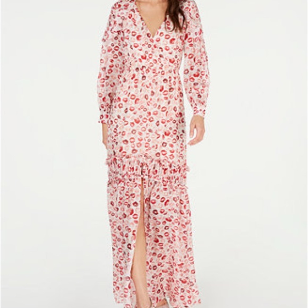 Rachel Zoe 100% Silk NWT Lipstick Print Maxi Ruffle Dress